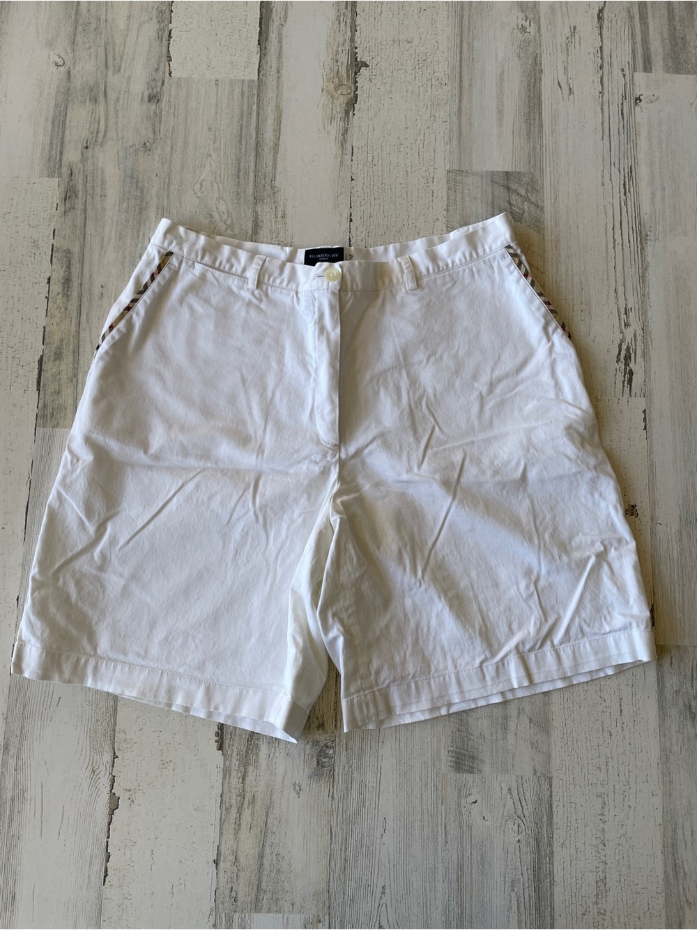 Burberry Golf White Women’s Flat-Front Cotton Shorts & Check Trim Pockets SZ 10